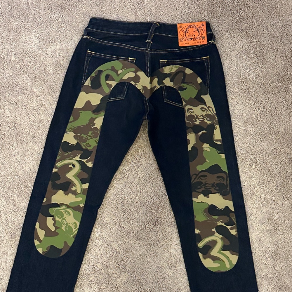 Evisu Men's Slim Jeans - Black with Camouflage Design